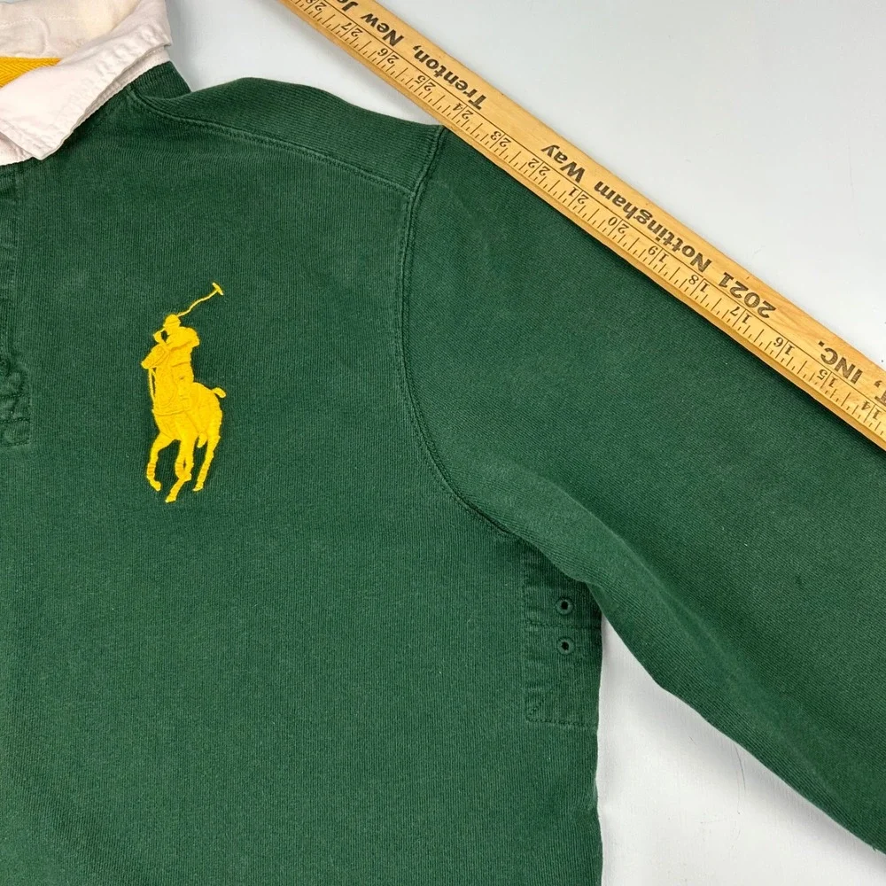 Polo Ralph Lauren Mens Big Pony Rugby Shirt Green Yellow Long Sleeve Size L